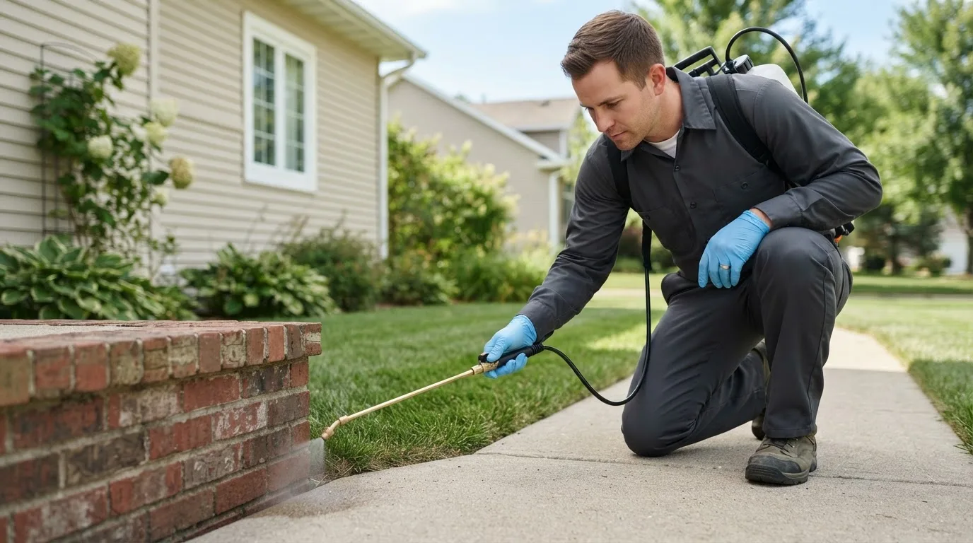 Pest control technician treating a home near Champaign, IL