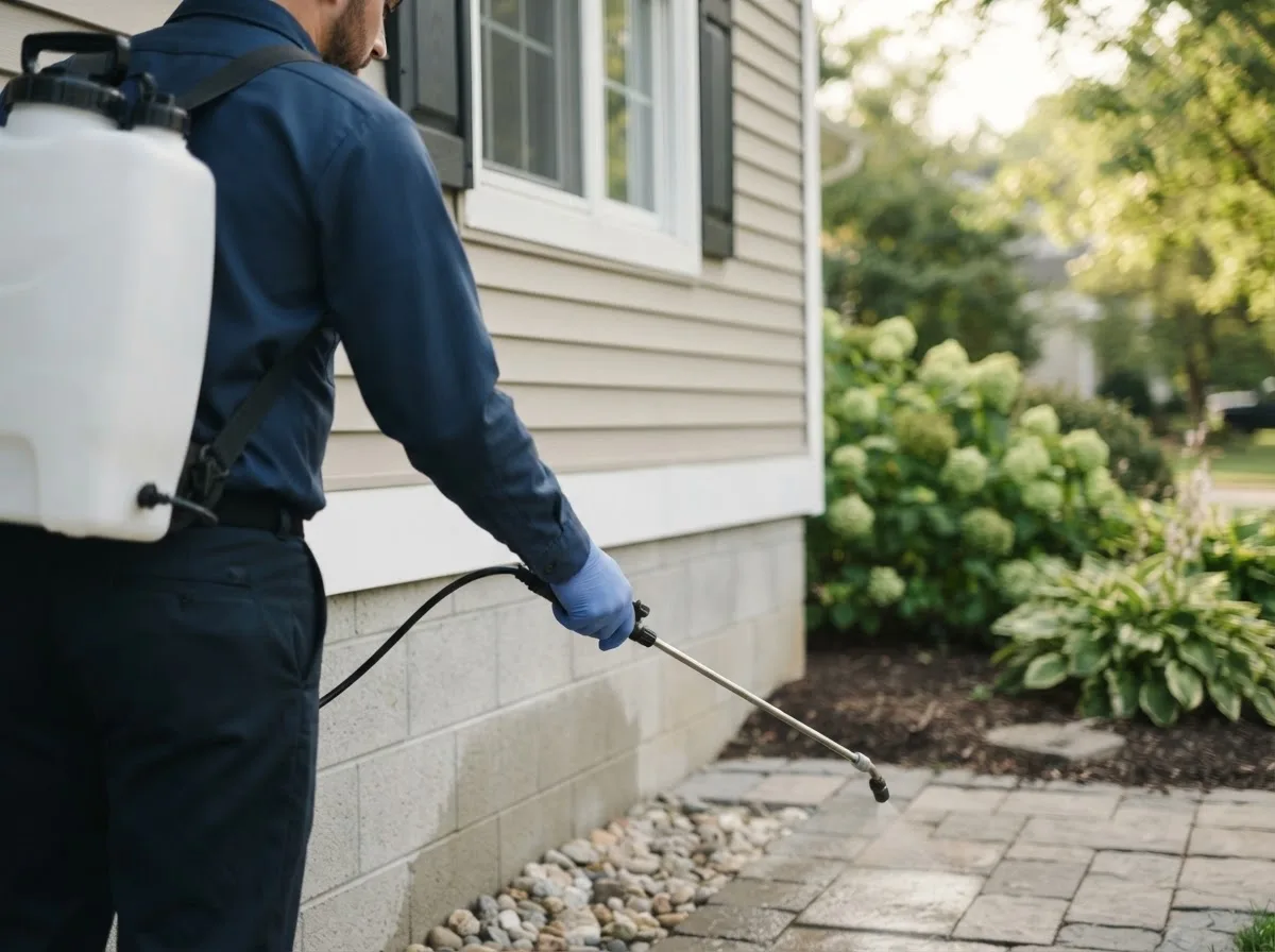 Pest control technician inspecting a home in Champaign, IL